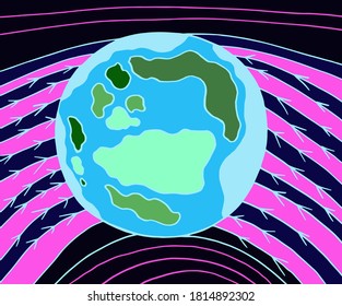 Planet and arrows against the background of the striped background.