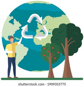 Planet with arrows as symbol. Male character is holding recycling logo on background of world globe. Saving Earth and environmental care concept. Planet Earth with eco symbol vector illustration