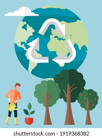 Planet with arrows as symbol of recycling waste. Man gardener waters flower in pot from watering can. World globe with eco symbol. Guy is holding watering can and pours water on tree sapling