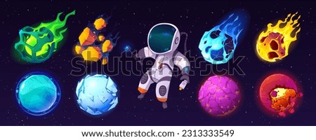 Planet and astronaut cartoon game illustration set. Fantasy world ui icon pack for magic galaxy universe. Childish spaceman character with smartphone take cosmic selfie near meteor and rock sphere.