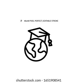 Planet with a bachelor's cap simple line icon vector illustration.Editable stroke. 48x48 Pixel Perfect.