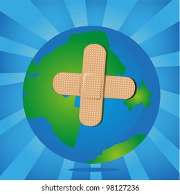 planet with band aids,over blue stripes, vector illustration