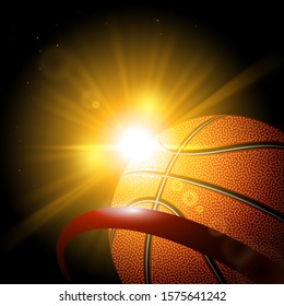 Planet Basketball ball and sun flare. Basketball with flashlight on dark background. Vector illustration.