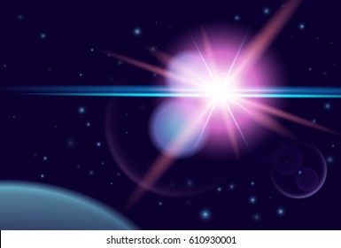 Planet and big shine star in dark space. Vector cosmos background