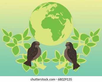 planet with birds and leafs
