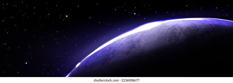 Planet with blue light on horizon from rising sun on background of black cosmos with stars. Banner with outer space and Earth globe with glow of atmosphere on edge, vector realistic illustration
