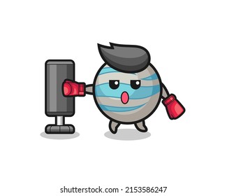planet boxer cartoon doing training with punching bag , cute design