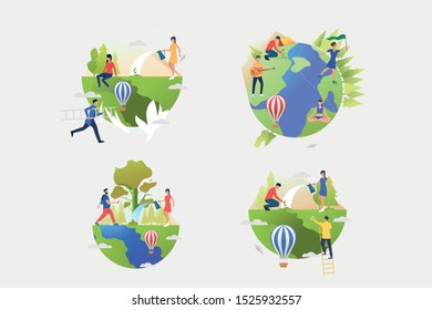 Planet care illustration collection. People planting trees, watering plants, camping. Lifestyle concept. Vector illustration for posters, banners, flyers