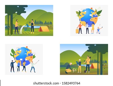 Planet care set. Volunteers planting trees outdoors, tourists standing at globe with pointers. Flat vector illustrations. Eco tourism, travel concept for banner, website design or landing webpage
