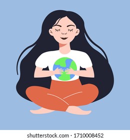 planet care/environmental concern vector illustration, young woman holding a planet in her hands