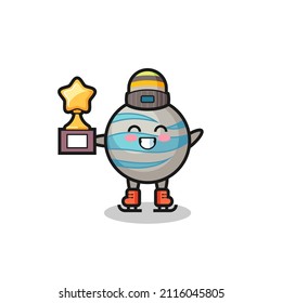 planet cartoon as an ice skating player hold winner trophy , cute style design for t shirt, sticker, logo element