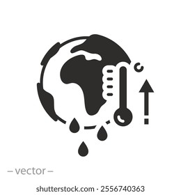 planet change climate, global warming on earth icon, concept temperature environment in world, hot thermometer with globe, flat vector illustration