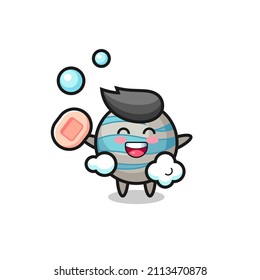 planet character is bathing while holding soap , cute style design for t shirt, sticker, logo element