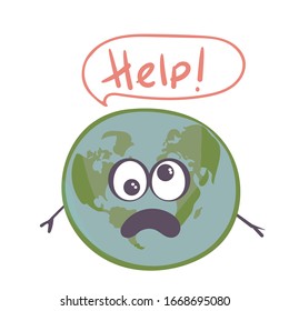 planet character earth globe showing sad, sick face with dark blue ocean and grey continents isolated on white. Vector illustration. Help