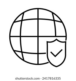 Planet with check mark line icon. Protection, security, data, information, Internet, verification, corporation. Vector icon for business and advertising
