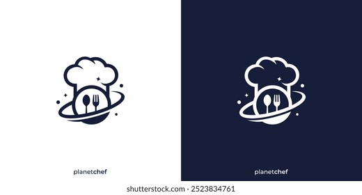 Planet Chef Logo. Chef hat, Spoon Fork and Planet with Minimalist Style. Restaurant Food Logo, Icon, Symbol, Vector, Design Inspiration.