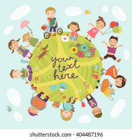 Planet of children. Vector illustration with cute kids