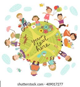 Planet of children. Vector illustration with cute kids