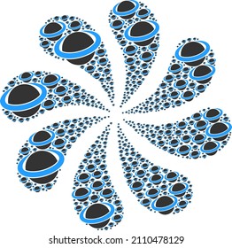 Planet circle icon rotation burst petals fireworks composition. Rotation burst done using scattered planet circle symbols.