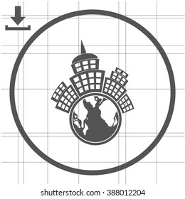 Planet city with globe vector icon.