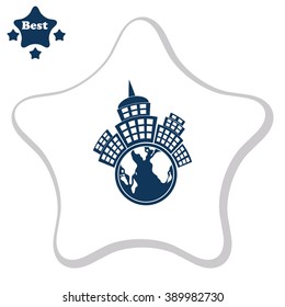 Planet city with globe vector icon.