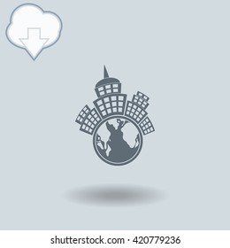 Planet city icon with shadow. Cloud of download with arrow.