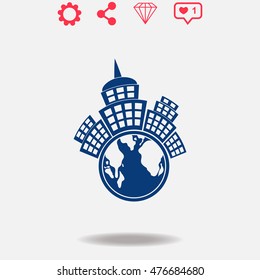 Planet city vector icon on grey background.