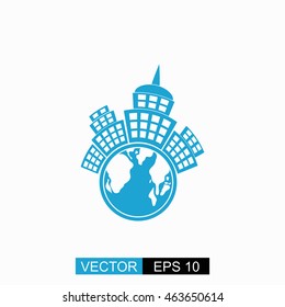 Planet city vector. Isolated blue icon on white background.