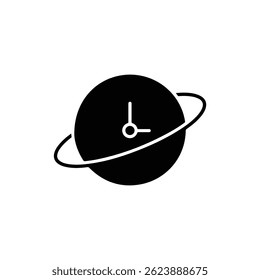 Planet with Clock Hands Black Filled Icon Time-Based Concept