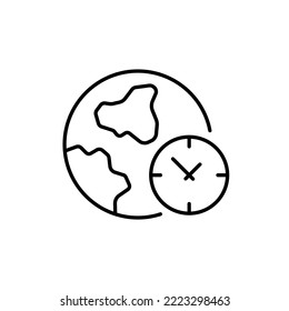 Planeta con icono de línea de reloj. Puntualidad, horario, planificación, plan de acción, 24, 24 horas al día, hora mundial, zona horaria, jetlag, reloj, a nivel mundial. Concepto de gestión del tiempo. Icono de línea de vector