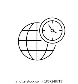 Planet with clock linear icon. Time management. Thin line customizable illustration. Contour symbol. Vector isolated outline drawing. Editable stroke