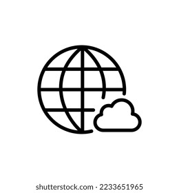 Planeta con icono de línea en la nube. Ecología, pronóstico del tiempo, condiciones meteorológicas, cielo, lluvia, niebla, clima, eco-amistoso, ciencia, desastres naturales. Concepto de naturaleza. Icono de línea de vector sobre fondo blanco
