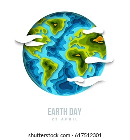 Planet With Clouds, 3d Paper Cut Design. Vector Illustration. Happy Earth Day Concept