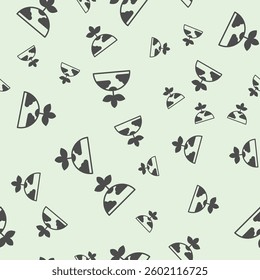 Planet with clouds and leaf plant solid seamless pattern, cosmos theme. Vector graphics. Inhabited planet with leaves, ecology sign background, filled with glyphs icon