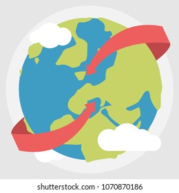 Planet with clouds and pointers, red ribbons