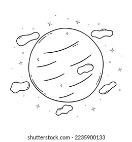 Planet with clouds in space and stars around in the universe. Black and white vector isolated illustration hand drawn doodle. Outer space. Print or card, poster