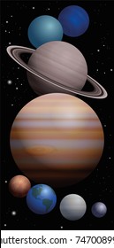 Planet cluster of our solar system with approximate relation in size - Mercury, Venus, Earth, Mars, Jupiter, Saturn, Uranus, Neptune, from bottom to top. High size bookmark format vector illustration.