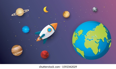 Planet collection with space rocket