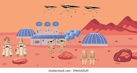 Planet colonization, Cosmonaut or astronauts on Mars, Mars ingenuity design with drones,  Scientific research exploration, Cartoon vector illustration