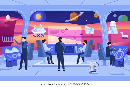 Planet Colonization Mission, People In Space Station, Science Fiction Cartoon Characters, Vector Illustration. Team Of Men And Women Establish Colony On Mars. Interstellar Space Colonizers Of Future