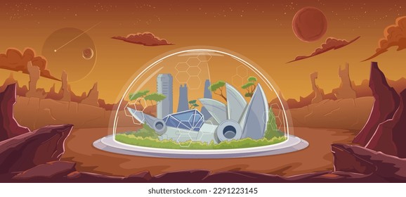 Planet colonization. Protective dome, spaceship station, human settlement, green trees. Terraforming the planet, conquering space. Crater, rocks, gorge. Sci-fi, fantasy. Vector cartoon illustration.