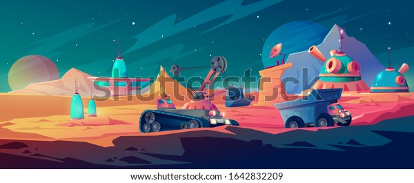 Planet colonization and space mining,\
excavator and truck driving near alien futuristic buildings, mars\
surface mineral deposit extraction, scientific exploration\
research, Cartoon vector\
illustration