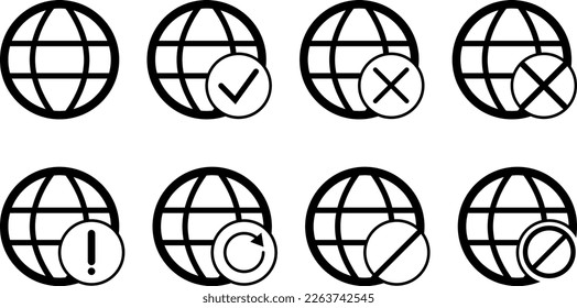 Planet. Connecting to the network. Connection status: normal, connected, missing, attention, and refresh. A simple black icon.