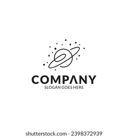 Planet continuous line illustration logo design with bubbles and sparks decoration