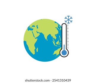 planet with cool temperature with thermometer and snow isolated on white background.