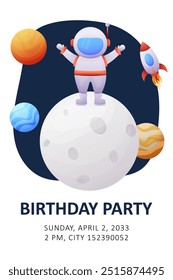 Planet and cosmos, cosmonaut. Kids party. childrens cute invitation. Vector illustration.