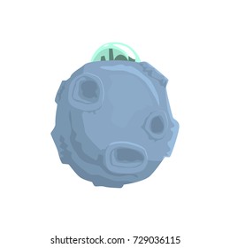 Planet with craters and bumps and space station cartoon vector Illustration