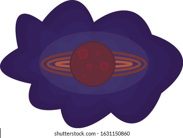 Planet with craters and rings in the night purple sky. Space concept logo for design object on a white background