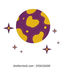 A planet with craters and stars is isolated on a white background. Vector illustration for the design of divination, palmistry, mysticism and esotericism