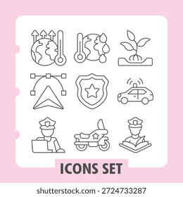 Planet, cursor, policeman simple icons set covering climate, renewable energy, security items in outline style for web apps and print on white background. Vector graphics. Set of nine thin line icons